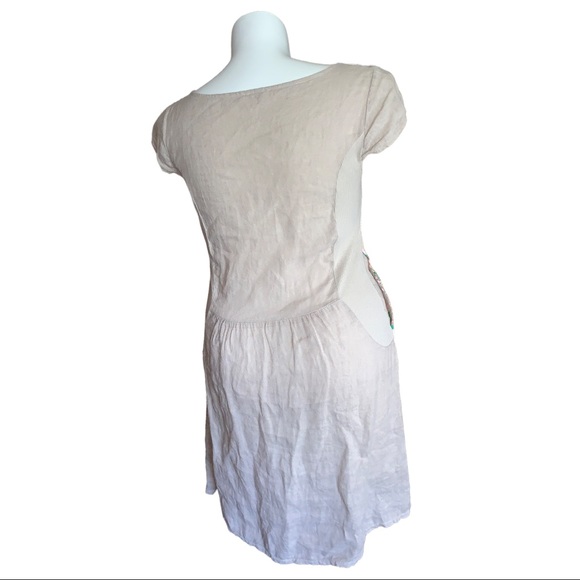 Made in Italy Linen Dress Tan Boho Print Cap Sleeve Pocket Tunic M/L - Picture 6 of 16